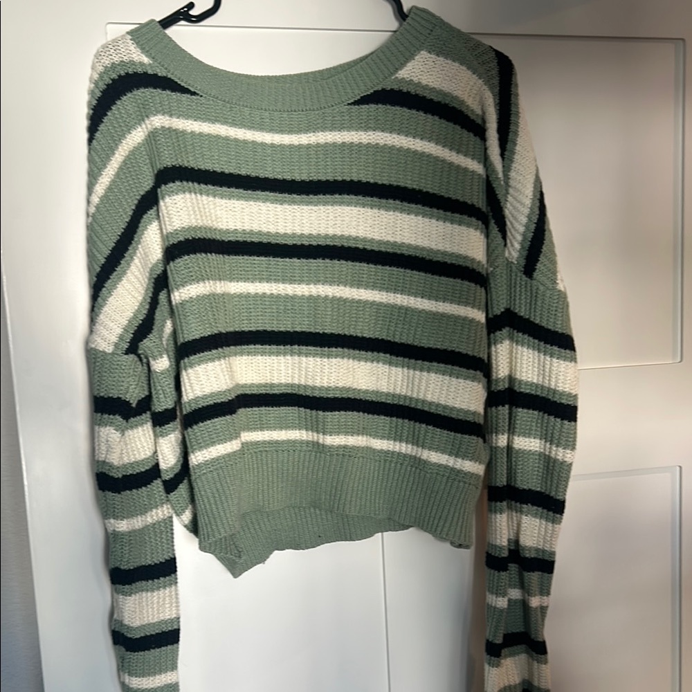Green and White Crew Neck Striped Sweater with Ribbed Cuffs